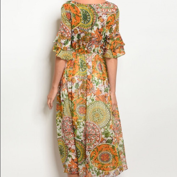 HP🎊09/06🎊JULIE Orange green floral midi dress - Picture 3 of 4